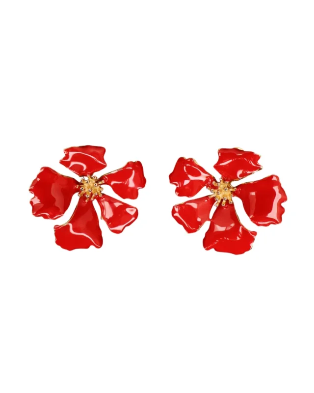 Vorderseite der roten Emaille-Blumen Ohrringe von Dottilove auf weißen Hintergrund.