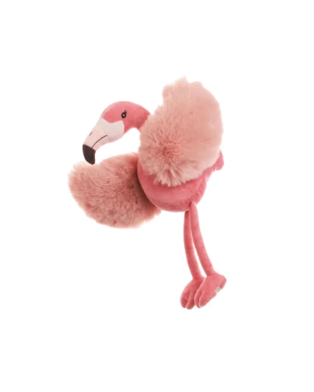 Flamingo Kuscheltier Phoebe von Bukowski in zartem Rosa mit flauschigen Flügeln und langen Beinen, seitlich dargestellt und freigestellt auf weißem Hintergrund.