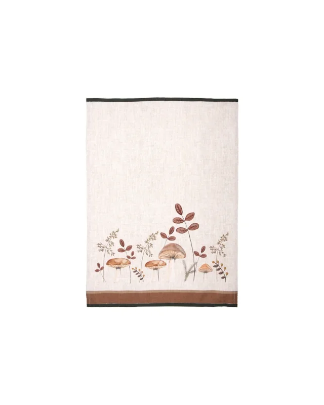 „Geschirrtuch Pilze von Clayre & Eef 50 × 70 cm mit herbstlichem Pilz-Motiv und Blättern“
