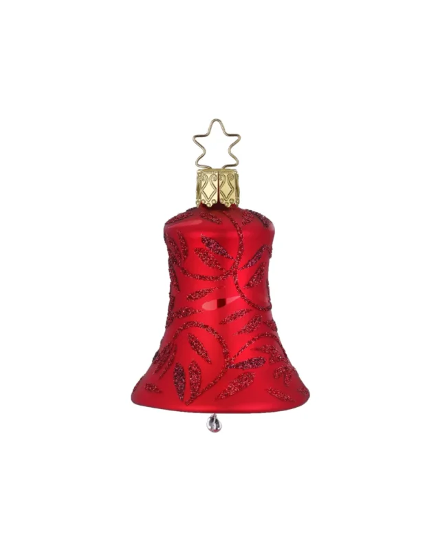 Handgefertigtes Glocken Ornament von Inge Glas in rot. Die stilvolle Glocke ist mit Glitzer Girlanden in dunklerem rot verziert.