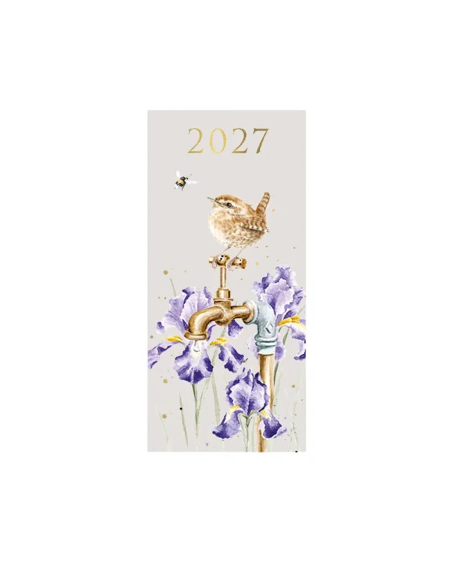 Schmaler Taschenkalender 2027 von Wrendale Designs vor weißen Hintergrund. Das Motiv besteht aus einem grauen Hintergrund, einem sitzenden Vogel, Blumen und einer Hummel.