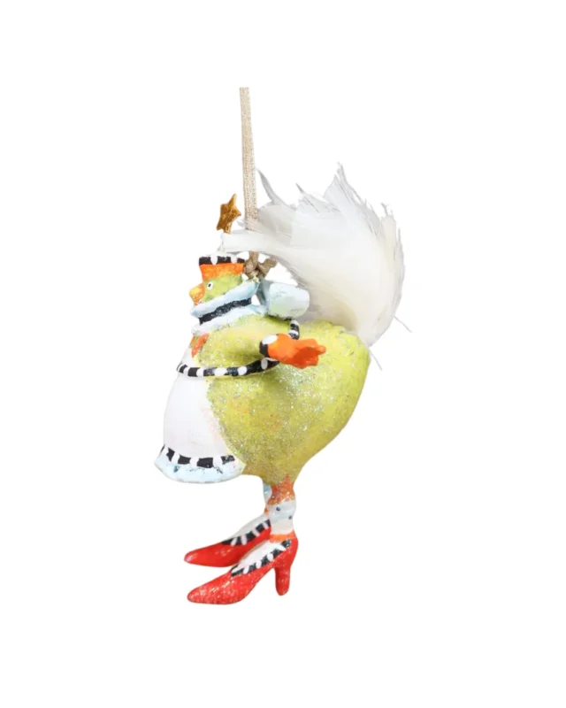 „Seitliche Ansicht der French Hen Krinkles-Figur mit glitzerndem gelben Körper, roter Henne und weißer Feder.“