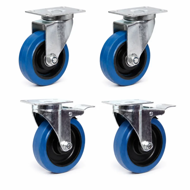 Blaue Lenkrollen 75 mm mit Bremse, 4er Set Transportrollen mit Platte