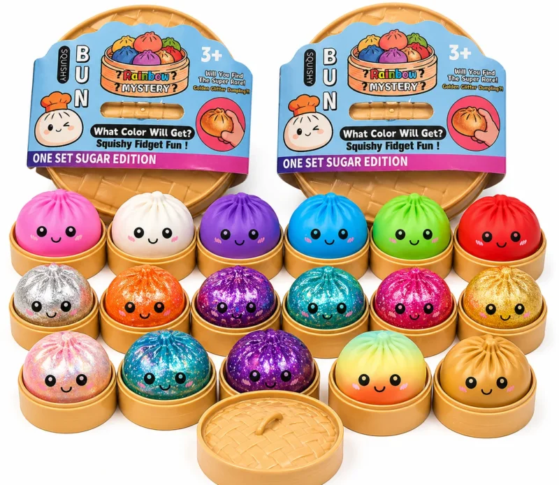 Mystery Dumpling XXL Squishy ca. 9,5 cm in Bambus Box 1er 3er 4er 6er Set Glitzer oder Matt zufällige Farbe Squeeze Toy Anti Stress Knetball Baozi Mochi Geschenk Idee