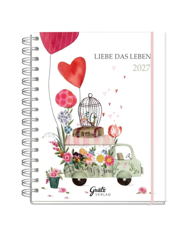 Taschenkalender 2027 "Liebe das Lebens" von Grätz Verlag vor weißen Hintergrund. Das Motiv ist ein grünes Auto umgeben von Blumen und vielen Herzen.
