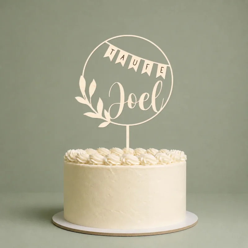 Tortenstecker Taufe personalisiert - Cake Topper Kuchenstecker Deko, Holz oder Acryl, 15-25 cm Höhe, feinste Lasergravur