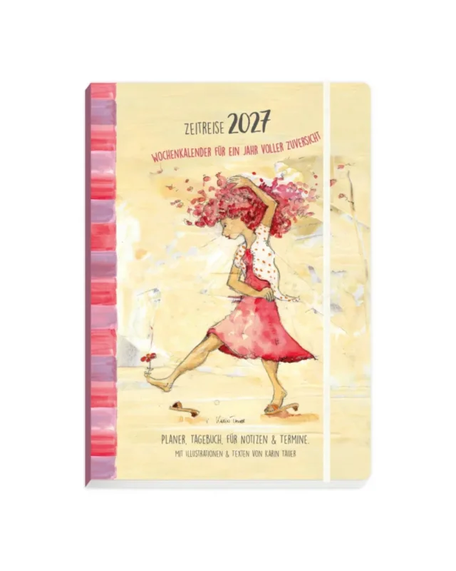 Terminplaner 2027 Zeitreise vom Grätz Verlag vor weißen Hintergrund. Das Design ist ein buntes Mädchen welches harmonisch vor einem gelben Hintergrund post.