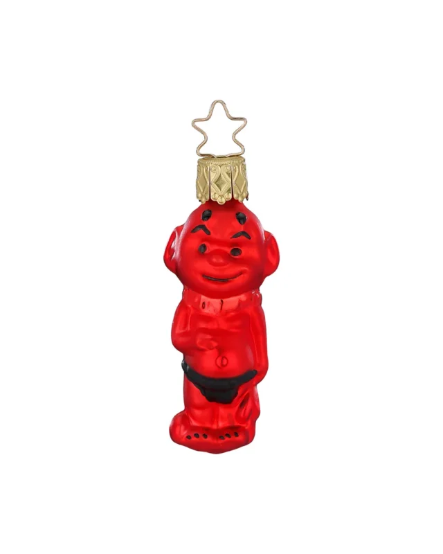 Der handgefertigte Teufel Weihnachtsbaumschmuck "Theo" ist in Deutschland produziert. Der rote Teufel trägt eine schwarze Unterhose und blickt verschmitzt drein.