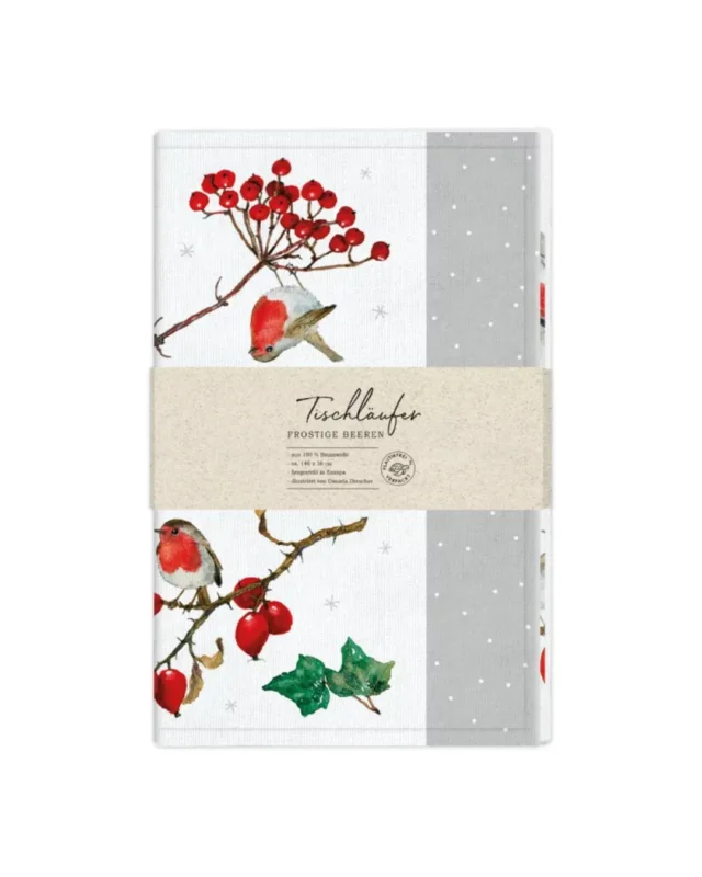 Tischläufer „Frostige Beeren“ vom Grätz Verlag mit winterlichen Vogelillustrationen, roten Beerenzweigen und grauem Randdesign von Daniela Drescher