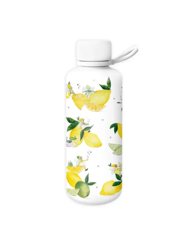 Zitronen Trinkflasche To Go "Fresh Lemon" von Grätz Verlag vor weißen Hintergrund. Das Motiv zeigt Zitronen und Feen welche auf ihnen sitzen.
