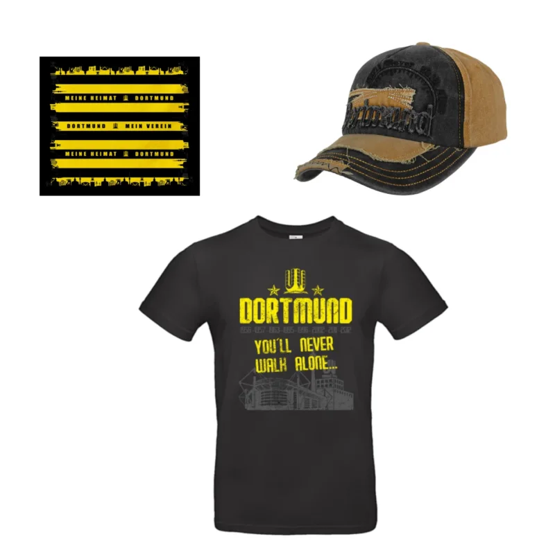 Dortmund Fan Set Fussball Fanartikel Dortmunder T-Shirt Bandana Cap Basecap Käppi