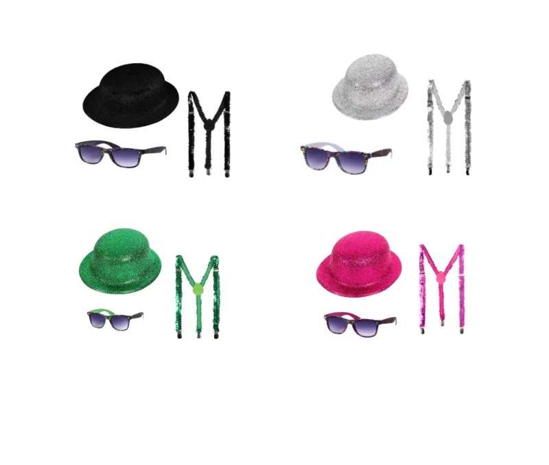 Disco Faschingsoutfit Set Kv-282 Glitzernder Melonen Hut, Glitter-Hosenträger & Sonnenbrille – Unisex, Ideal für Karneval