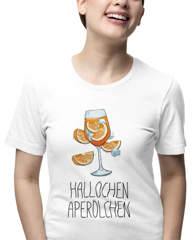 Damen T-Shirt Baumwolle Weiß Tshirt Hallöchen Aperölchen Motiv Karneval Fasching Party JGA Sommer Spruch Geschenk Gruppen