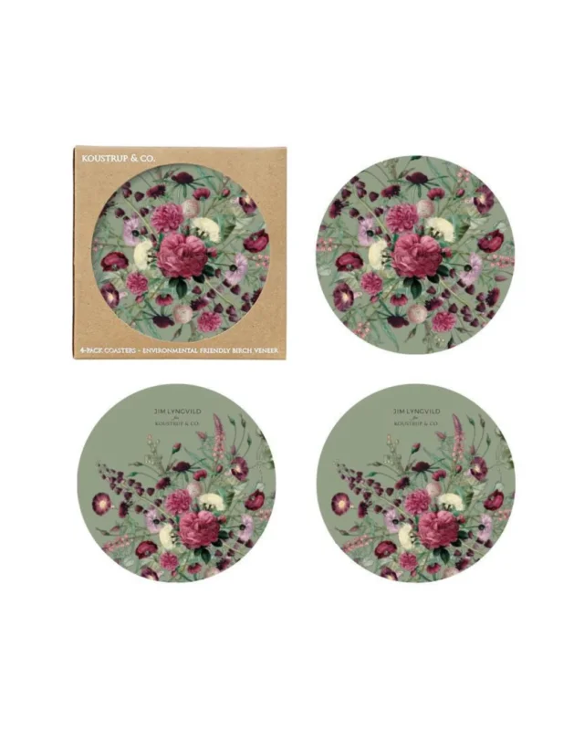 4er Set Untersetzer "Bloom Garden" von Koustrup & co mit farbenfrohen Blumenmotiv auf weißen Hintergrund.