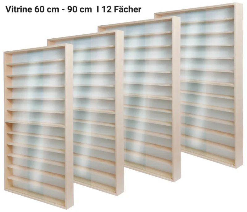 V90.12 Sammlervitrine Holz / 60-90 cm x 115 cm x 8,5 cm Fächer 12