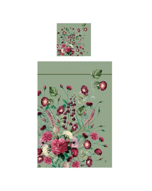 Bettwäsche Blossom Garden von Jim Lyngvild für Koustrup & Co. mit floralem Muster in Rosa, Lila und Grün.