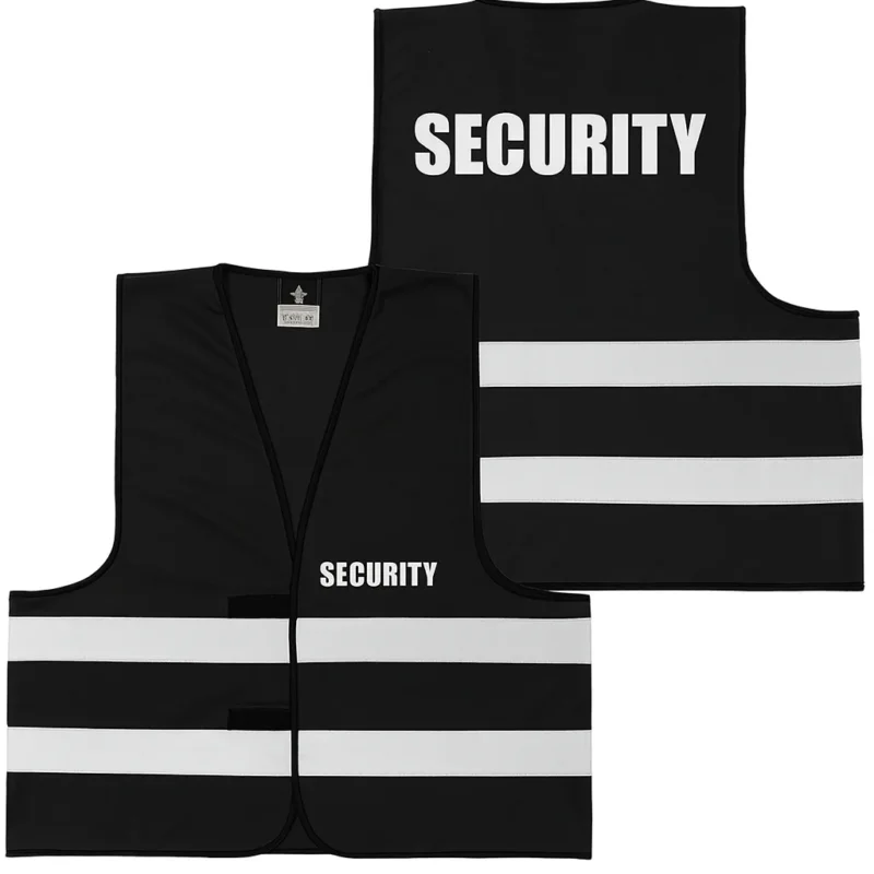 Security Warnweste Schwarz – Sicherheitsdienst Weste mit Front- & Rückenaufdruck | Klettverschluss Unisex