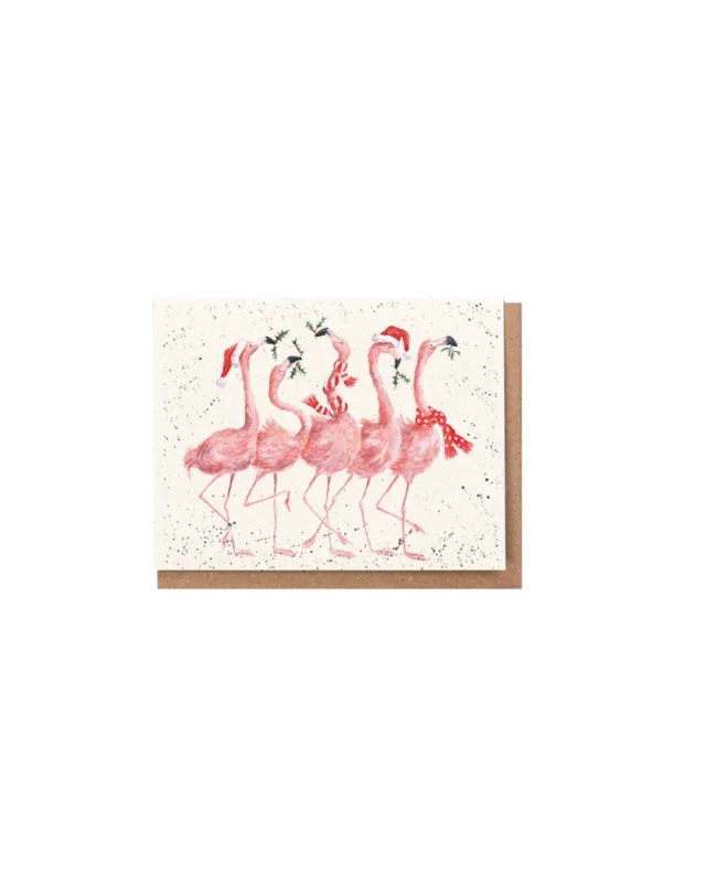Grußkärtchen "Flamingle Bells" von Wrendale Designs illustriert von Hannah Dale. Es sind fünf Flamingos zu sehen, welche mit roten Schals um den Hals, passende Mützen auf den Köpfen und Mistelzweigen im Schnabel über die Karte stolzieren und weihnachtliche Stimmung verbreiten.