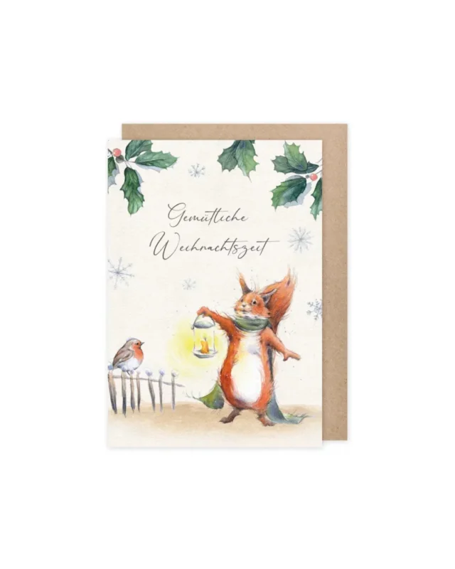Weihnachtskarte vom Grätz Verlag mit Eichhörnchen, Laterne, Mistelzweigen und Rotkehlchen.