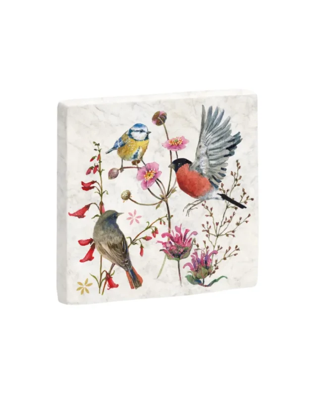 Marmor Untersetzer „Zeit für Harmonie“ vom Grätz Verlag mit Vogel- und Blumenmotiv von Daniela Drescher vor weißem Hintergrund.