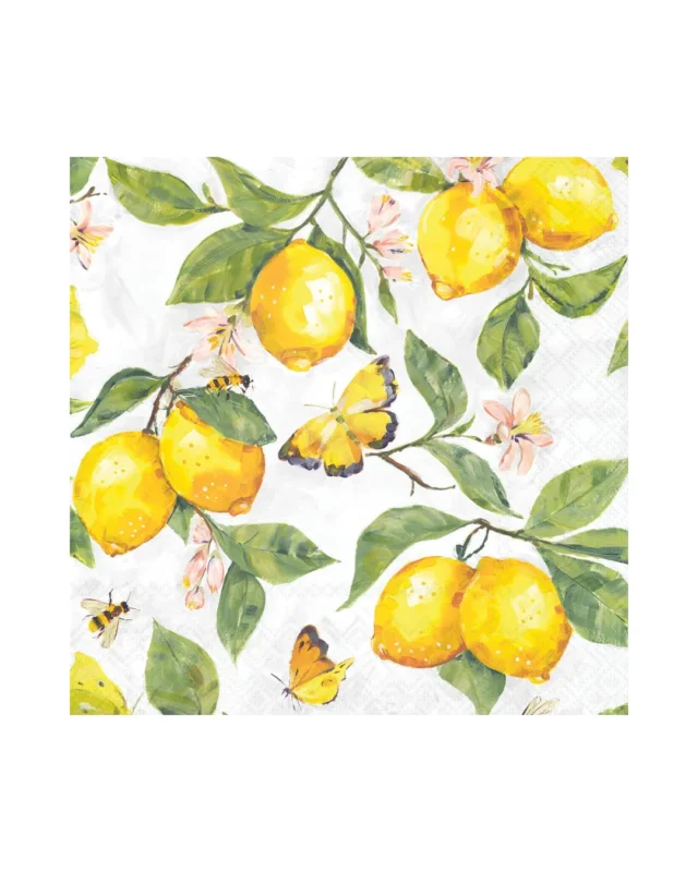 Cocktailservietten „Fresh Lemons“ von Ambiente mit Zitronen, Blättern und Schmetterlingen