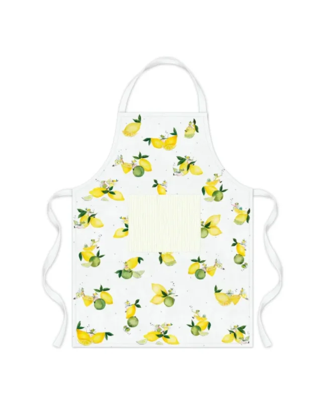 Kochschürze "Fresh Lemons" aus Baumwolle vom Grätz Verlag vor weißen Hintergrund. Das Motiv besteht aus vielen Zitronen und verschiedenen Zitronen-Feen,welche auf und vor den Zitrusfrüchten sitzen. Die Illustration stammt von Silke Leffler