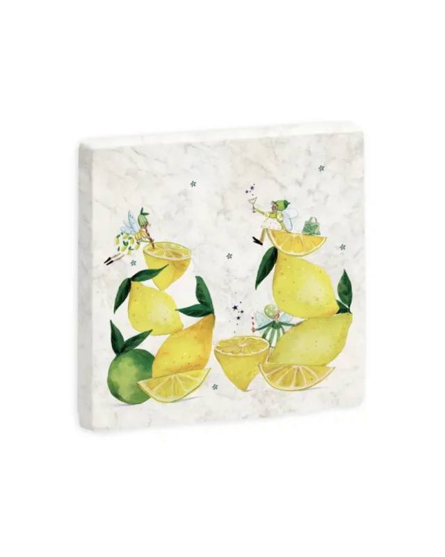 Zitronen Marmoruntersetzer "Fresh Lemons" von Grätz Verlag vor weißen Hintergrund. Das Motiv besteht aus Zitronen und Zitronenfeen.