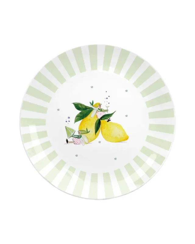 Zitronenteller Fresh Lemons von Grätz Verlag vor weißen Hintergrund. Das Motiv besteht aus einem grün gestreiften Außenrand und sowohl 2 Zitronen als auch 2 Zitronenfeen in der mitte.