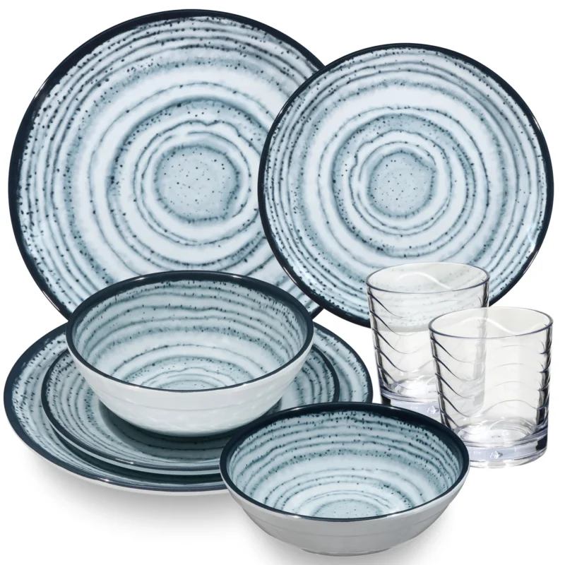Melamin Geschirr Set Blau Schiefer für 2 Personen - 8 Teile - mit klaren Trinkgläsern 250 ml - Steingutoptik Spülmaschinengeeignet Essgeschirr Campingzubehör Campinggeschirr Wohnwagen Camping