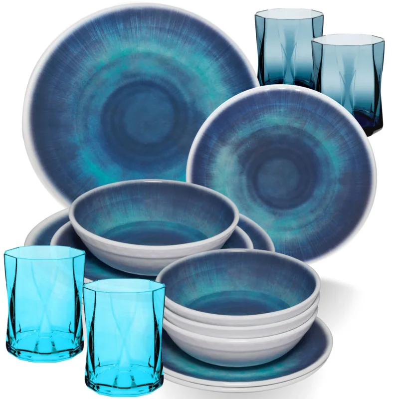 Melamin Geschirr Set Jesolo Blau für 4 Personen - 16 Teile - mit farblich passenden Trinkgläsern 300ml aus Acryl Campinggeschirr