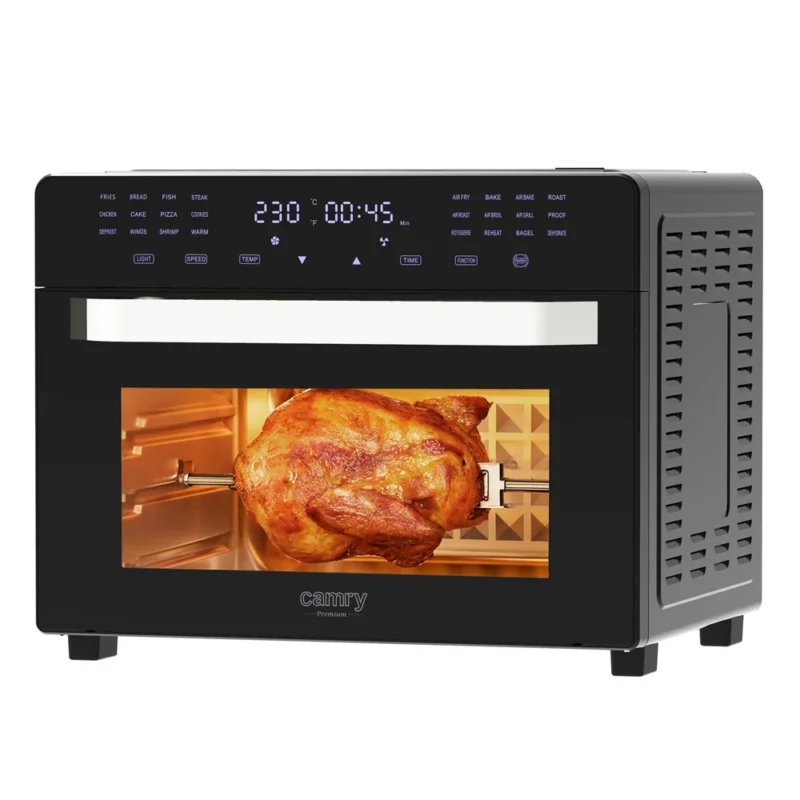Camry CR 6323 Multifunktions-Heißluftofen 30L, Air Fryer Backofen 10-in-1 mit Grill, Drehspieß, Umluft, 24 Programmen, Touchdisplay, 2200W schwarz