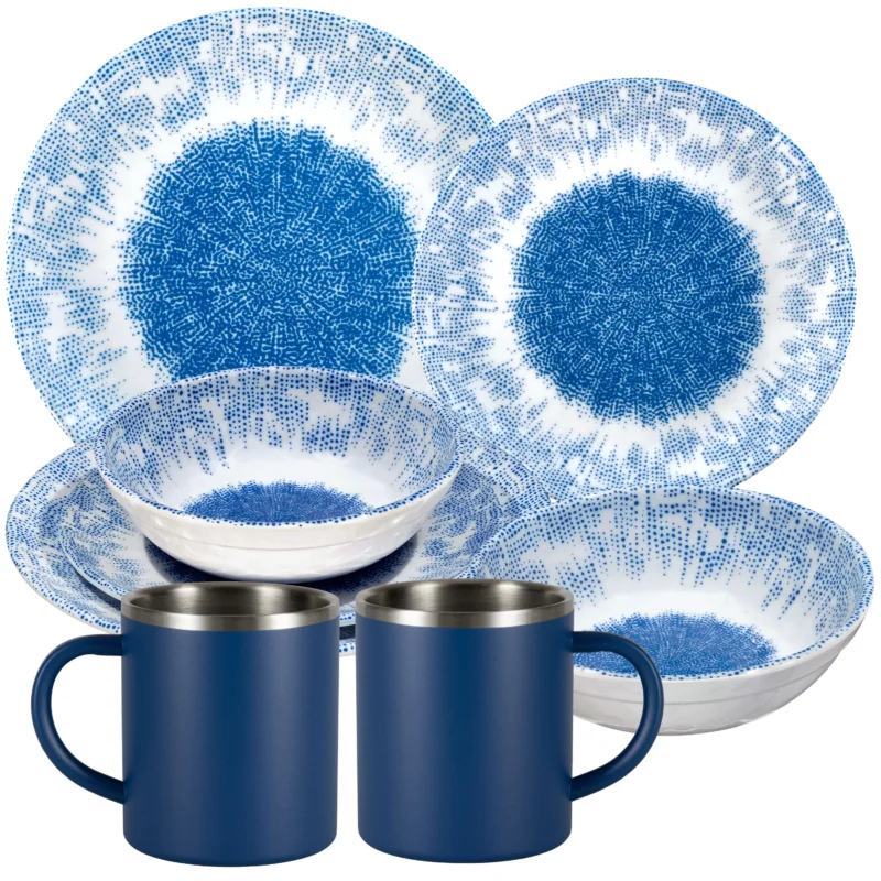 Melamin Geschirr Set Wish Flower Blau für 2 Personen - 8 Teile - mit Edelstahl Thermo Tassen Pusteblume Steingutoptik Spülmaschinengeeignet Essgeschirr Campingzubehör Campinggeschirr Wohnwagen Camping Festival Picknick Gartenparty