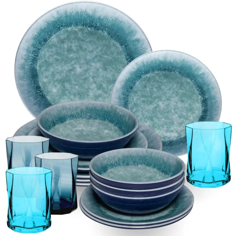 Melamin Geschirr Set Adria Blue für 4 Personen - 16 Teile Blau - mit farblich passenden Trinkgläsern 300 ml aus Acryl Steingutoptik Campinggeschirr