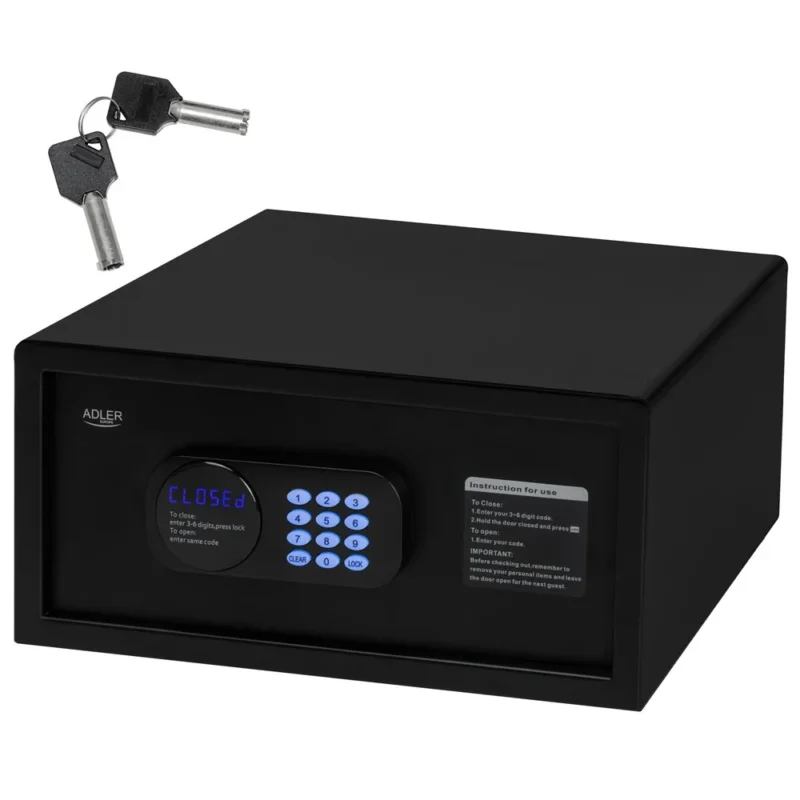 Adler AD 1045 Tresor 14 L, Möbeltresor mit Zahlencode, elektronischem Schloss, Notschlüssel, Alarmfunktion, Dokumententresor für Zuhause Hotel Büro, Schwarz