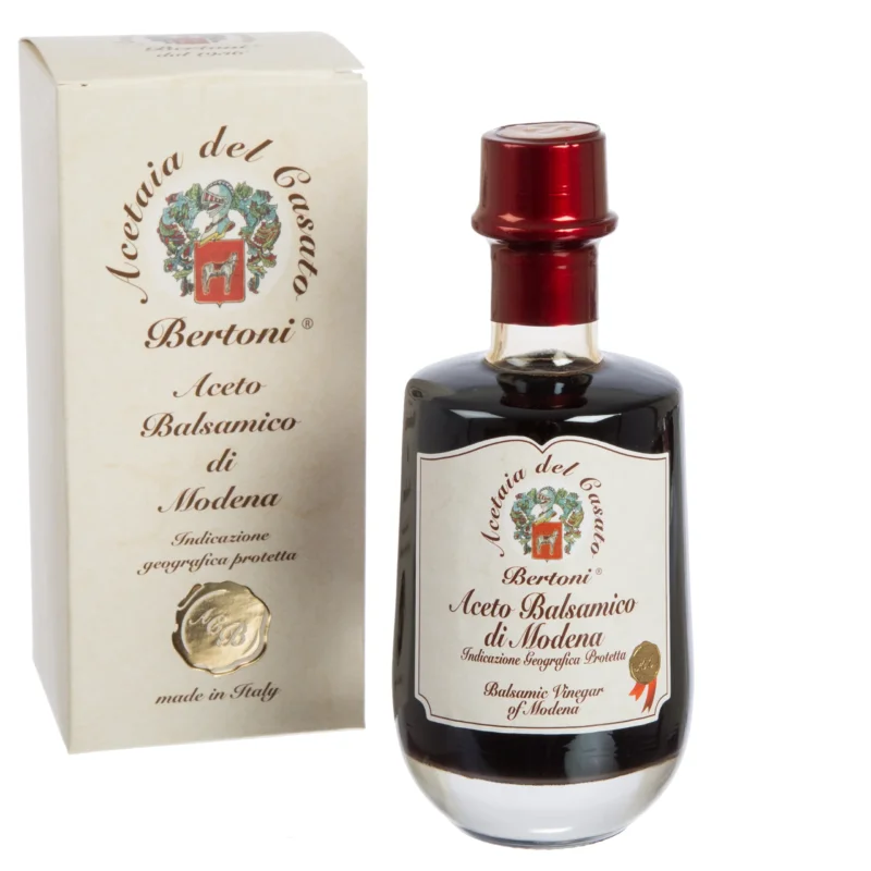 Bertoni Aceto Balsamico di Modena Flasche und Karton, 8 Jahre gereift, aus Italien.