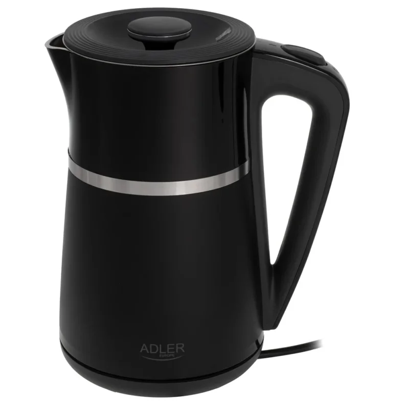 Adler AD 1355 Wasserkocher 1,7 Liter elektrischer Wasserkocher mit Doppelwand-Gehäuse, Edelstahl-Innenraum, 360° Basis, abnehmbarem Deckel, Trockenlaufschutz schwarz