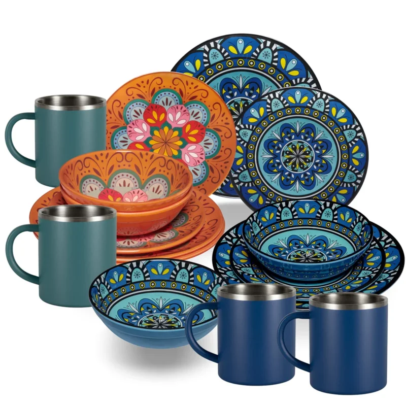 Melamin Geschirr Set Toskana Pastel für 4 Personen - 16 Teile - Orange-Blau - mit Edelstahltassen Mandala-Optik Spülmaschinengeeignet Essgeschirr Campingzubehör Campinggeschirr Wohnwagen Camping