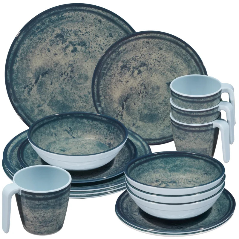 Melamin Geschirr Set Mondgranit Blau-Grau für 4 Personen - 16 Teile - Steingutoptik