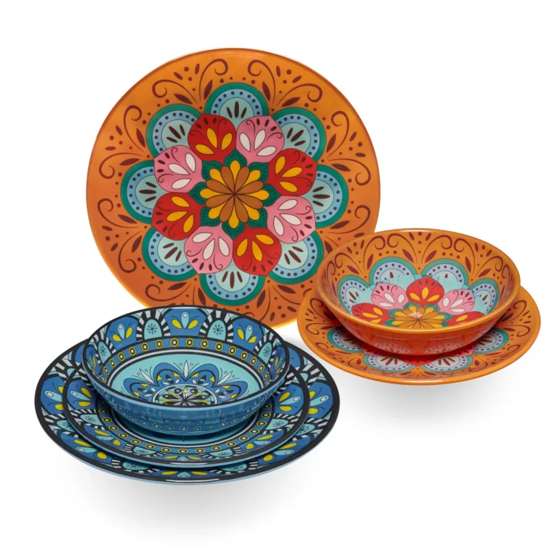 Melamin Geschirr Set Toskana Pastel für 2 Personen - 6 Teile - Orange-Blau - Mandala-Optik Essgeschirr Campinggeschirr