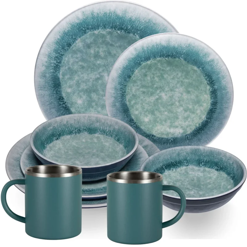 Melamin Geschirr Set Adria Blue für 2 Personen - 8 Teile Blau - mit Edelstahl Thermo Tassen Steingutoptik Essgeschirr Campingzubehör Campinggeschirr Wohnwagen Camping Festival Picknick Gartenparty