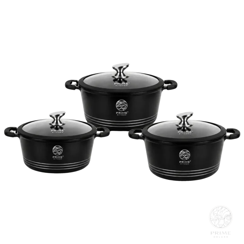 Keramik Kochtopf-Set 3-teilig – 28cm / 32cm / 36cm – Aluguss Töpfe mit Glasdeckel, Induktion geeignet Prime Deluxe GmbH