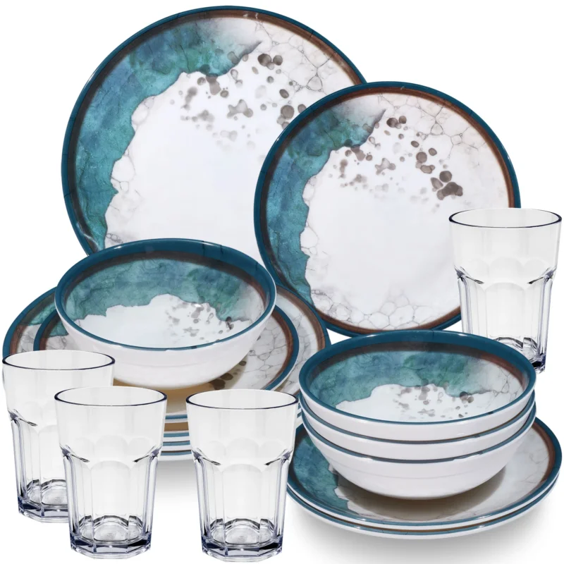 Melamin Geschirr Set Lagune für 4 Personen - 16 Teile - mit klaren Gläsern 400ml Steingutoptik Spülmaschinengeeignet Essgeschirr Campingzubehör Campinggeschirr Wohnwagen Camping Festival Picknick Gartenparty