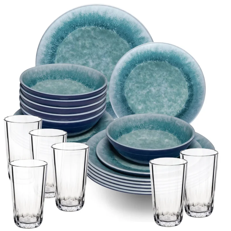 Melamin Geschirr Set Adria Blue für 6 Personen - 24 Teile Blau - mit klarem Trinkglas 300 ml aus Acryl Steingutoptik Campinggeschirr