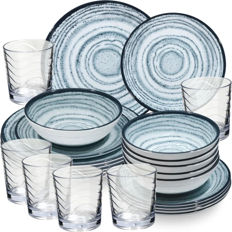 Melamin Geschirr Set Blau Schiefer für 6 Personen - 24 Teile - mit klaren Trinkgläsern 250 ml - Steingutoptik Spülmaschinengeeignet Essgeschirr Campingzubehör Campinggeschirr Wohnwagen Camping