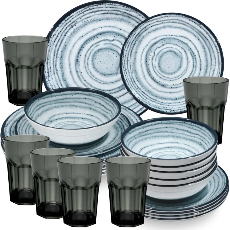Melamin Geschirr Set Blau Schiefer für 6 Personen - 24 Teile - mit grauen Trinkgläsern 400 ml - Steingutoptik Spülmaschinengeeignet Essgeschirr Campingzubehör Campinggeschirr Wohnwagen Camping