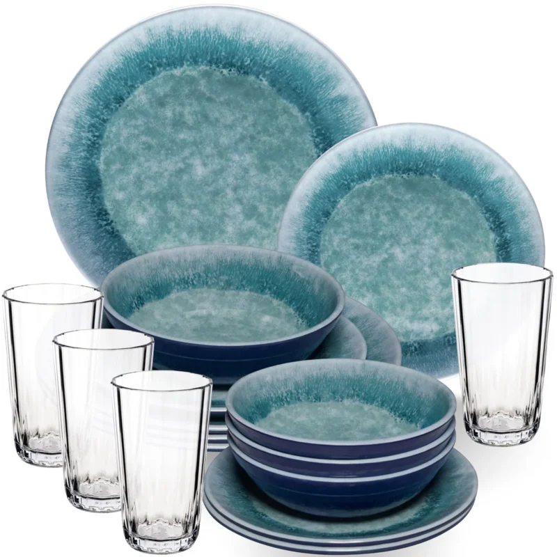 Melamin Geschirr Set Adria Blue für 4 Personen - 16 Teile Blau - mit klarem Trinkglas 300 ml aus Acryl Steingutoptikgeschirr
