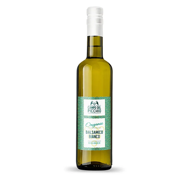 Bio Balsamico Condimento Bianco di Modena Weißer Essig, Flasche mit grün-weißem Etikett.