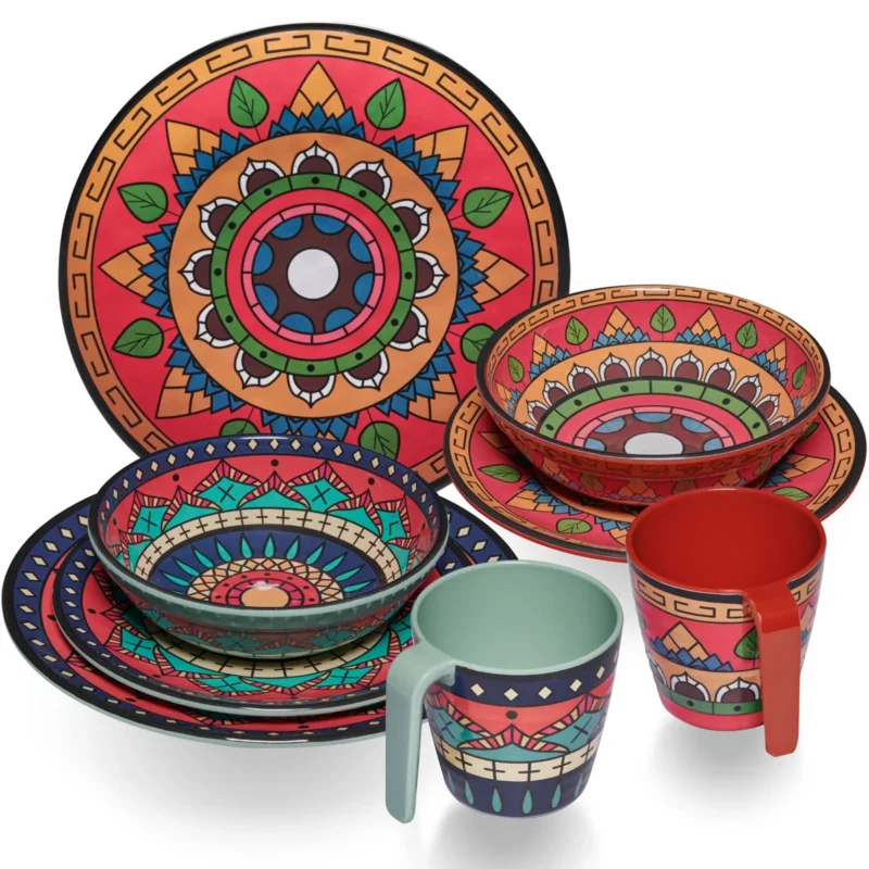 Melamin Geschirr Set Toskana Deep für 2 Personen - 8 Teile - Rot-Grün - Mandala-Optik Essgeschirr Campinggeschirr