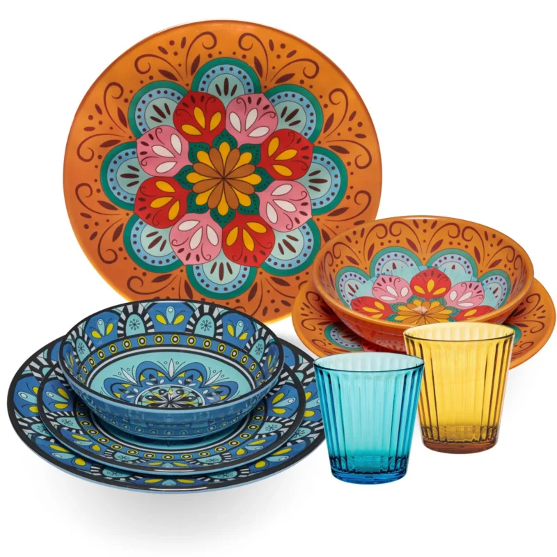 Melamin Geschirr Set Toskana Pastel für 2 Personen - 8 Teile - Orange-Blau - Mandala-Optik mit farblich passenden Trinkgläsern 360 ml aus Acryl Campinggeschirr