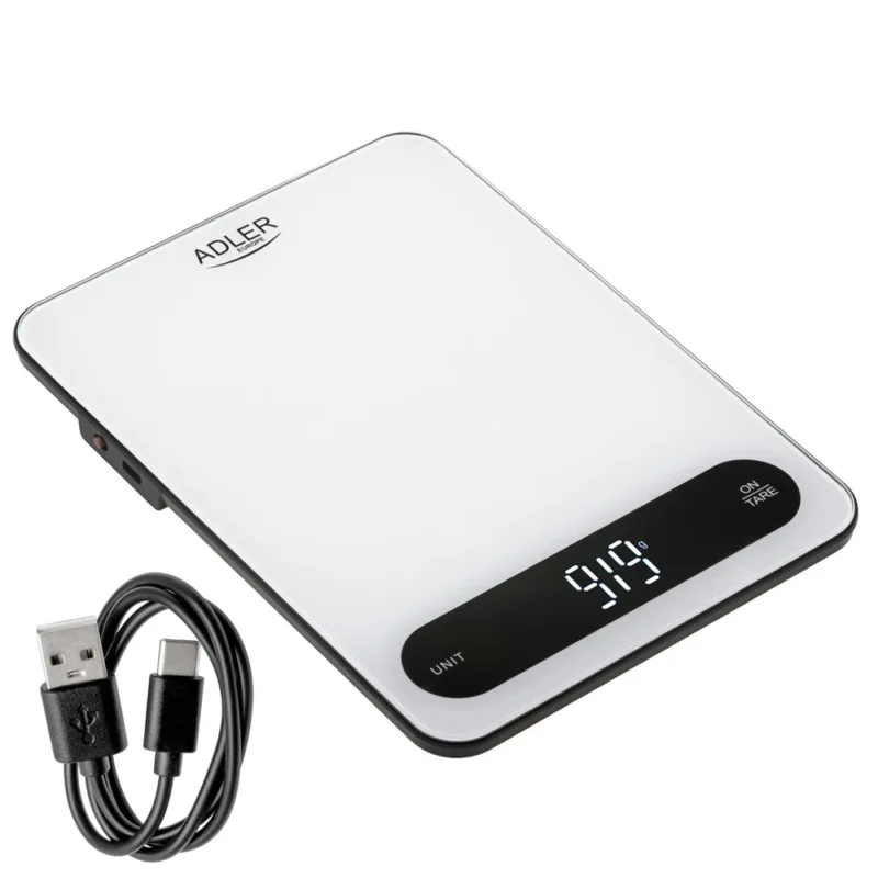 Adler AD 3177WB Küchenwaage Digital 10 kg, Elektronische Haushaltswaage mit Tara Funktion, USB-C aufladbar, Präzisionswaage zum Kochen und Backen, Glaswaage, Weiß